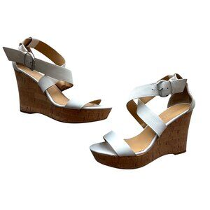 Franco Sarto White Sandals Leather Strap Wedge Cork Heel Ankle Strap Size 10